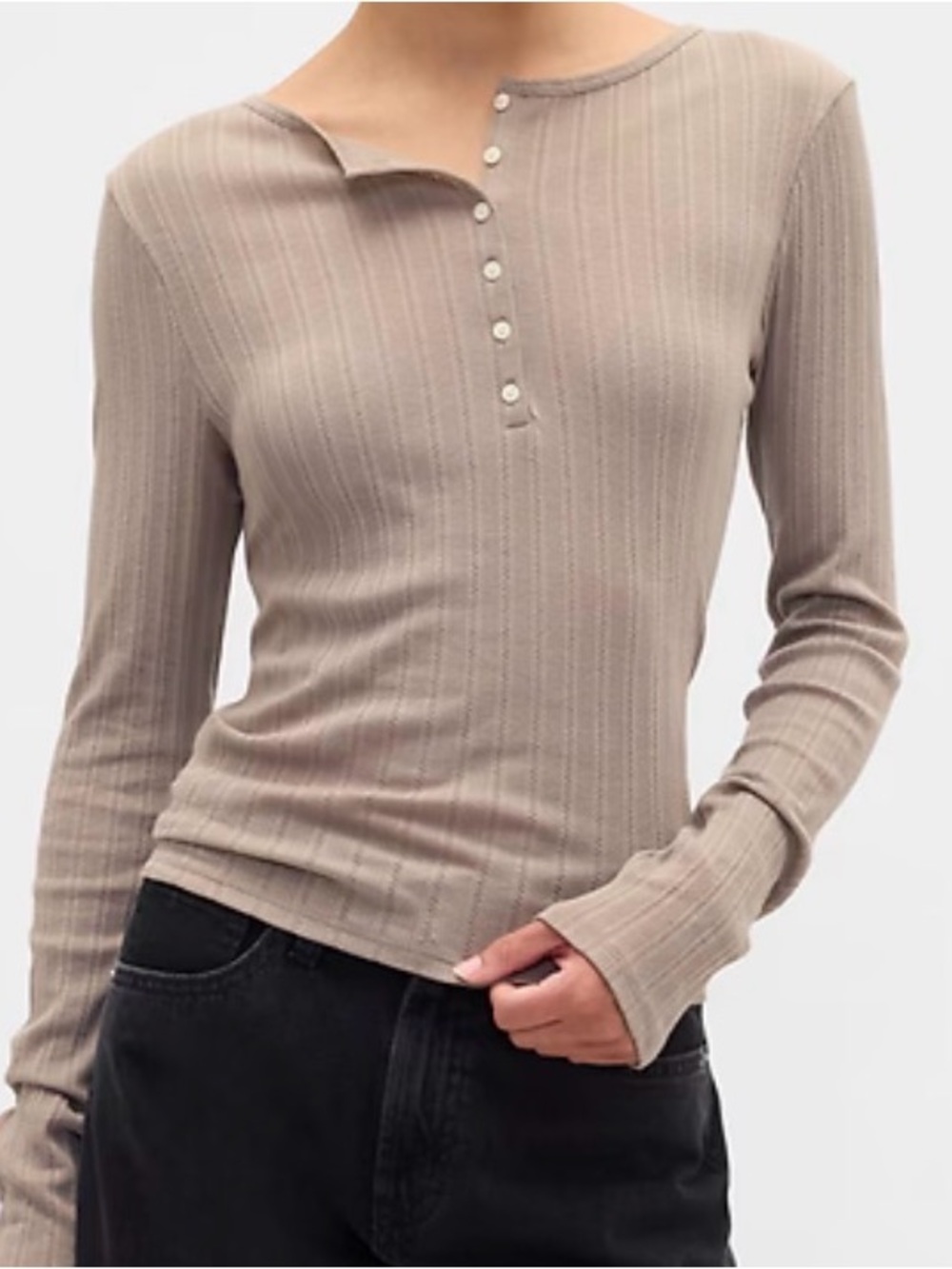 GAP Ribbed Long Sleeve button up Top in Taupe